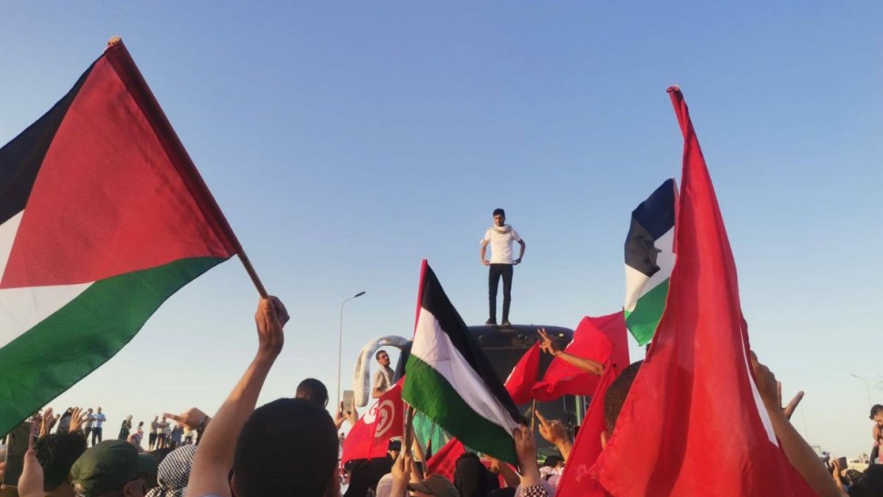 مدنين : الأهالي يستقبلون قافلة الصمود رافعين الأعلام الفلسطينية و التونسية